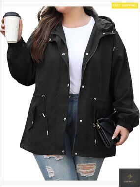Plus Size Rain Jacket Lightweight Waterproof Hooded Windbreaker Outdoor Trench